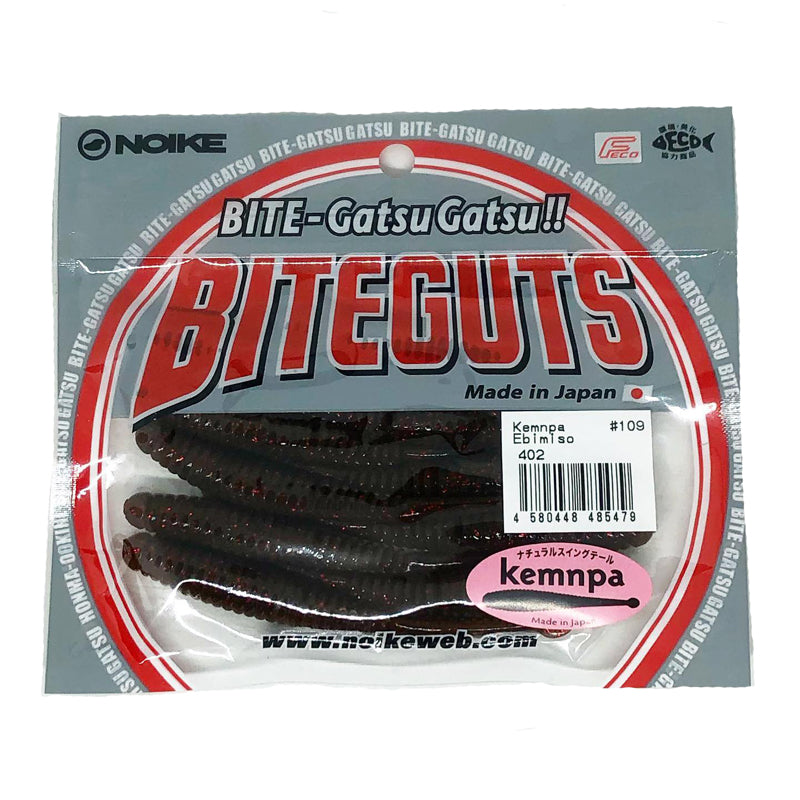 NOIKE BiteGuts 4” Kemnpa 10pk - #27 Rainbow Smoke-#34 Cinnamon Blue-#103 Dark Red-#109 Ebimiso-#118 Mossy Pumpkin-#139 Motor Oil / Gold - Carolina Fishing Tackle LLC