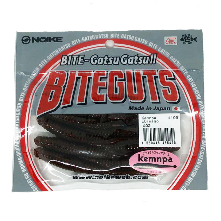 NOIKE BiteGuts 4” Kemnpa 10pk - #27 Rainbow Smoke-#34 Cinnamon Blue-#103 Dark Red-#109 Ebimiso-#118 Mossy Pumpkin-#139 Motor Oil / Gold - Carolina Fishing Tackle LLC